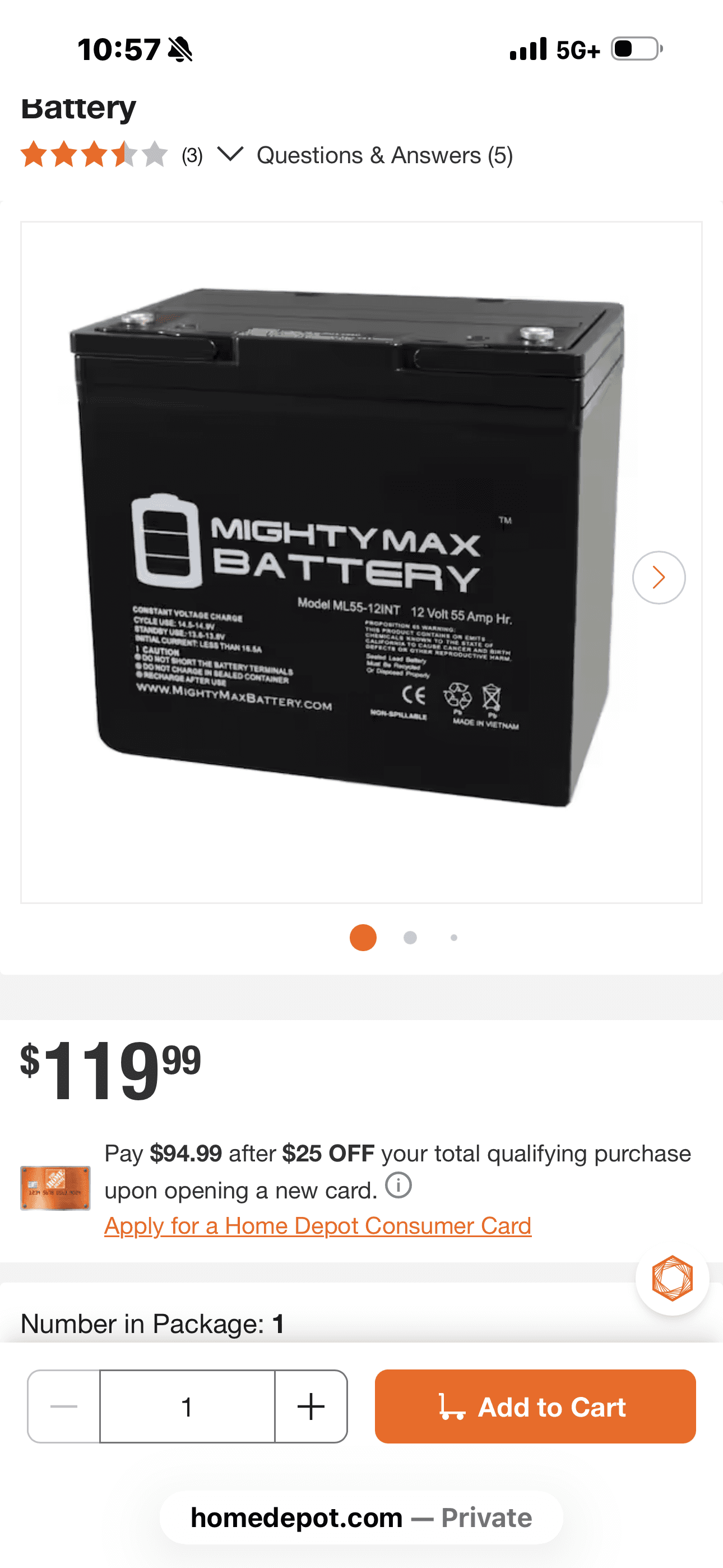 The Mighty Max ML55-12 (or ML55-12INT) is a 12-volt, 55-amp-hour (Ah) rechargeable Sealed Lead Acid (SLA) battery utilizing Absorbent Glass
