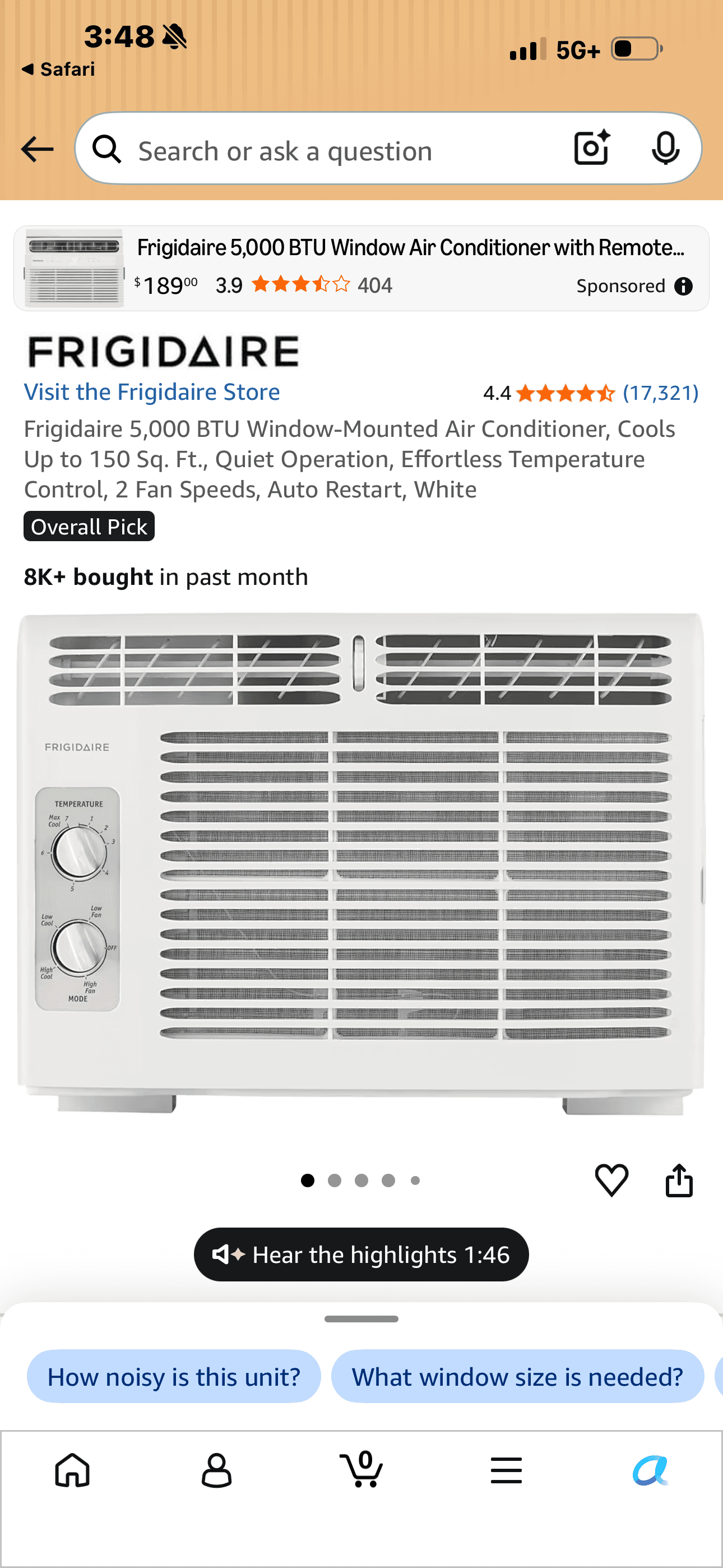 Frigidaire 5,000 BTU Window-Mounted Air Conditioner, Cools Up to 150 Sq. Ft., Quiet Operation, Effortless Temperature Control, 2 Fan Speeds,