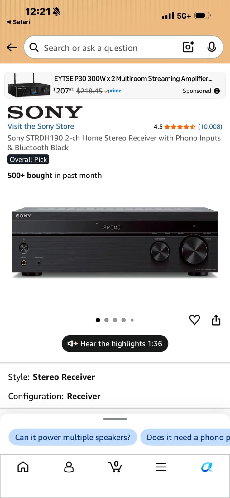 Sony STRDH190 2-ch Home Stereo Receiver with Phono Inputs & Bluetooth Black