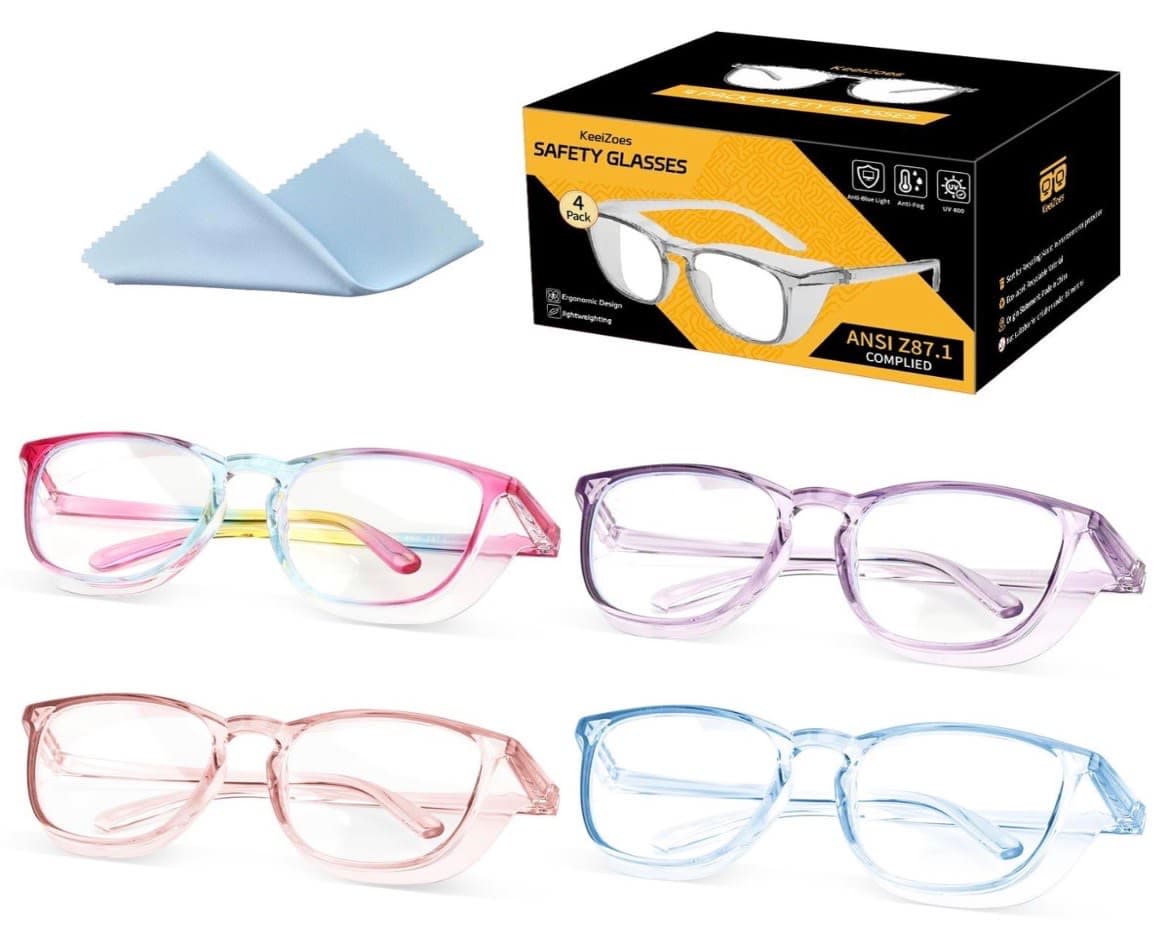 KeeiZoes Safety Glasses Anti Fog 4 Pack, Rainbow + Purple + Pink + New Blue