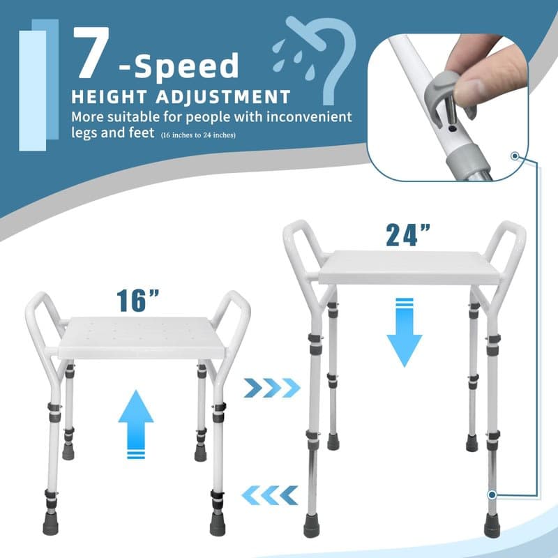 Shower Chair Seat with Arm for Inside Shower - Adjustable Up to 24 Inches Shower Stool with Suction Feet for Seniors, Elderly, Handicap & Di