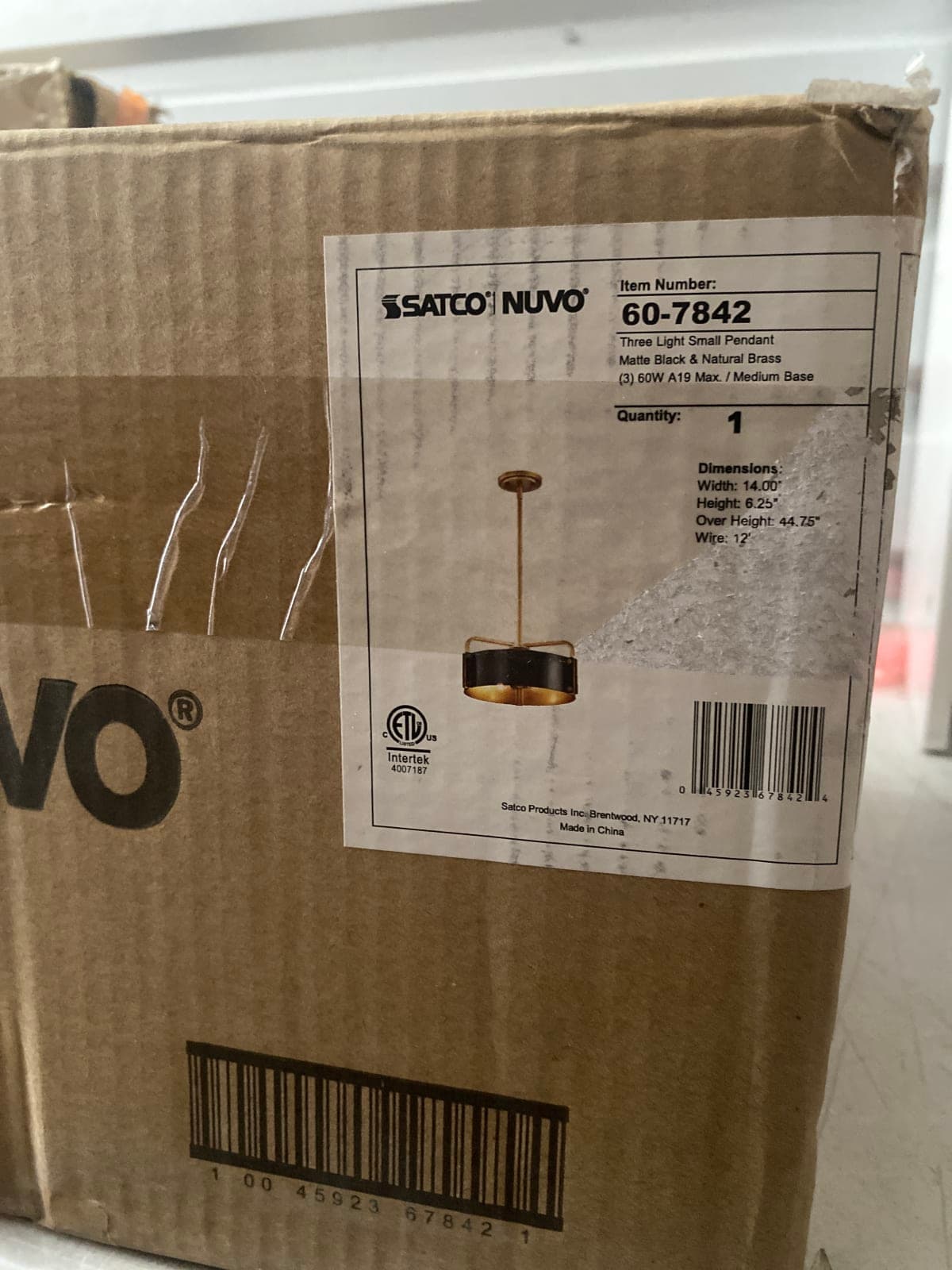Satco Nuvo Three Light Small Pendant in Matte Black & Natural Brass