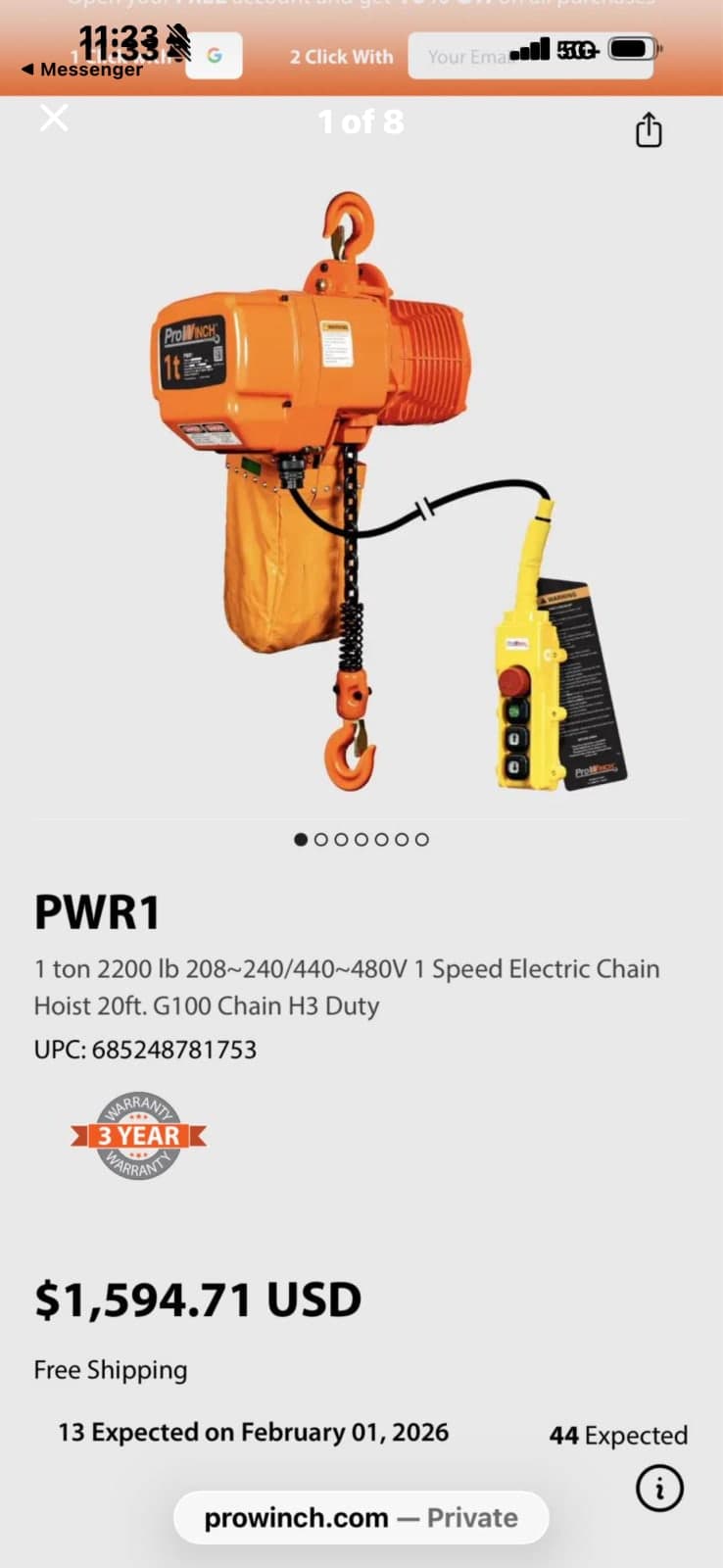 Prowinch PWR1 1 ton 2200 lb 208~240|440~480V1 Speed Electric Chain Hoist 20ft. G100 Chain H3 Duty