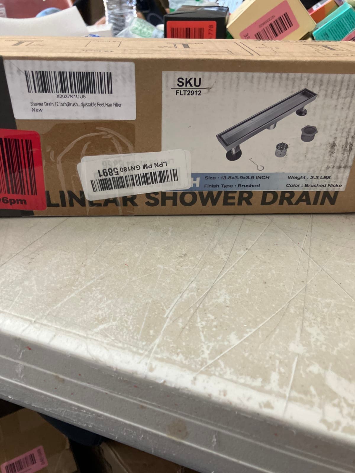 Brushed Nickel Linear Shower Drain 12 Inch Adjustable Feet