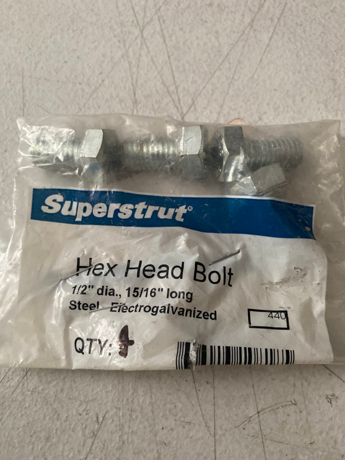 Superstrut Hex Head Bolts - 1/2" dia., 15/16" long - Pack of 4