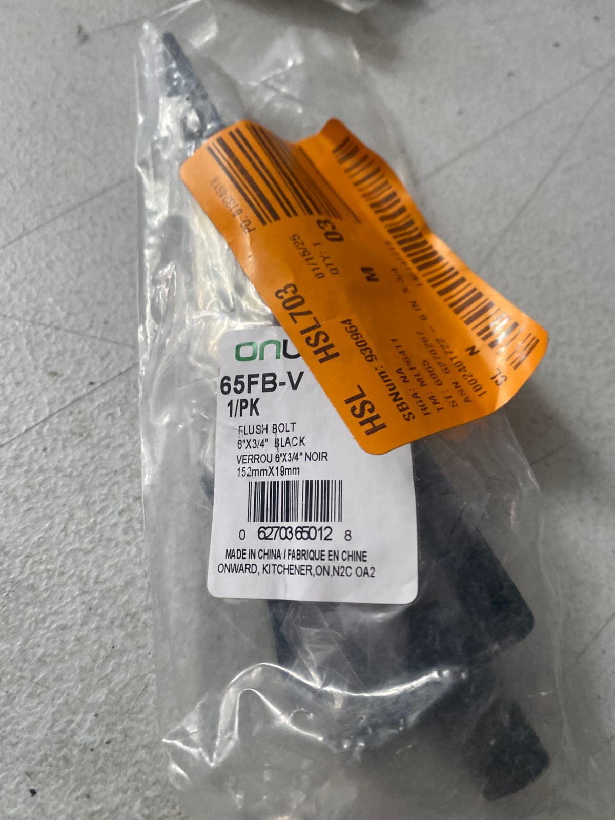 Onward 65FB-V Flush Bolt 6"x3/4" Black