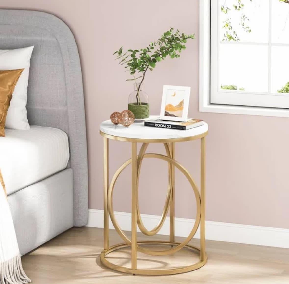 Kashten Round End Table with Gold Frame and White Top