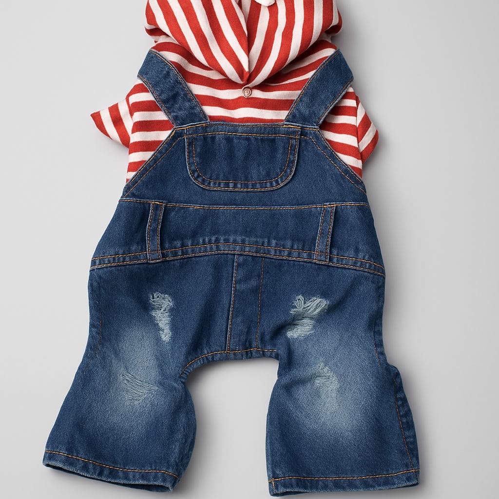 Adorable Striped dog Hoodie and Denim Overalls Outfit for Pets