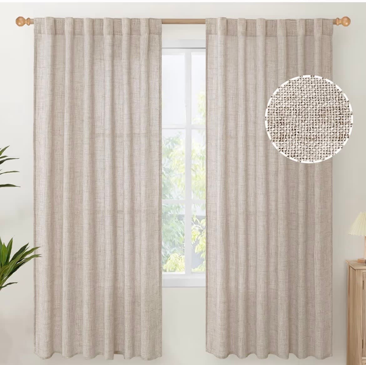 YoungsTex Linen Semi Sheer Curtains 72 Inch Length 2 Panels - Light Filtering Drapes with Rod Pocket Back Tab Rustic Beige Window Treatments