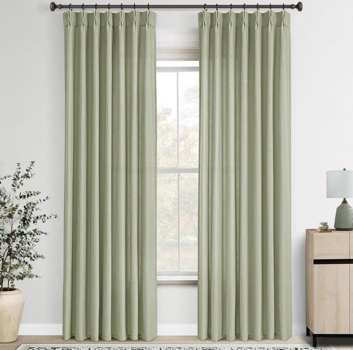 Sage Green Pinch Pleated Curtains 40"W x 84"L (2 Panel Set) Light Filtering Faux Linen Window Drapes