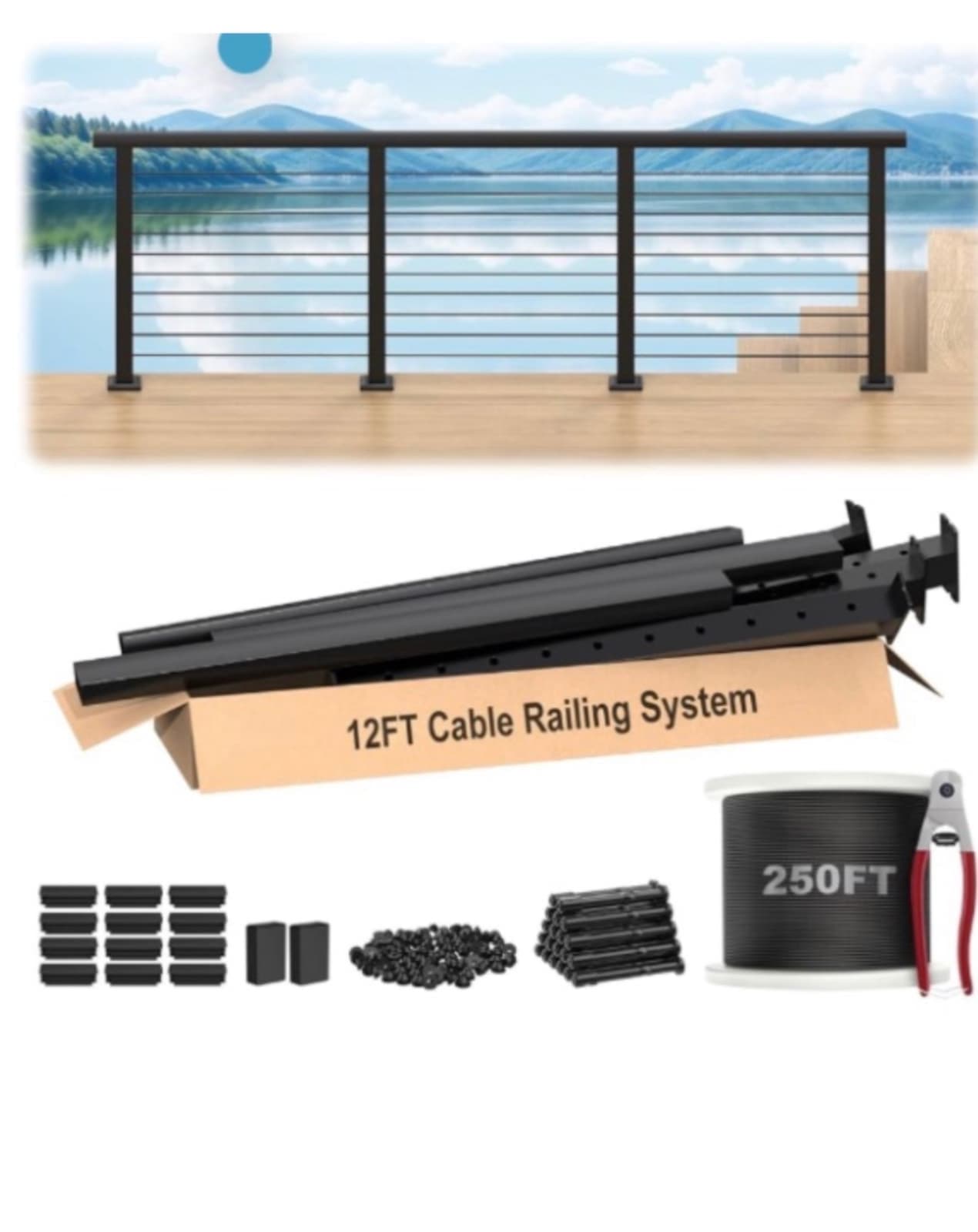 36" Complete Set Cable Railing Post Kits, Swageless Cable Rail System Includes 4Pack 35" Level Drilled Posts, 3Pack 4.5FT Cable Handrail W/C