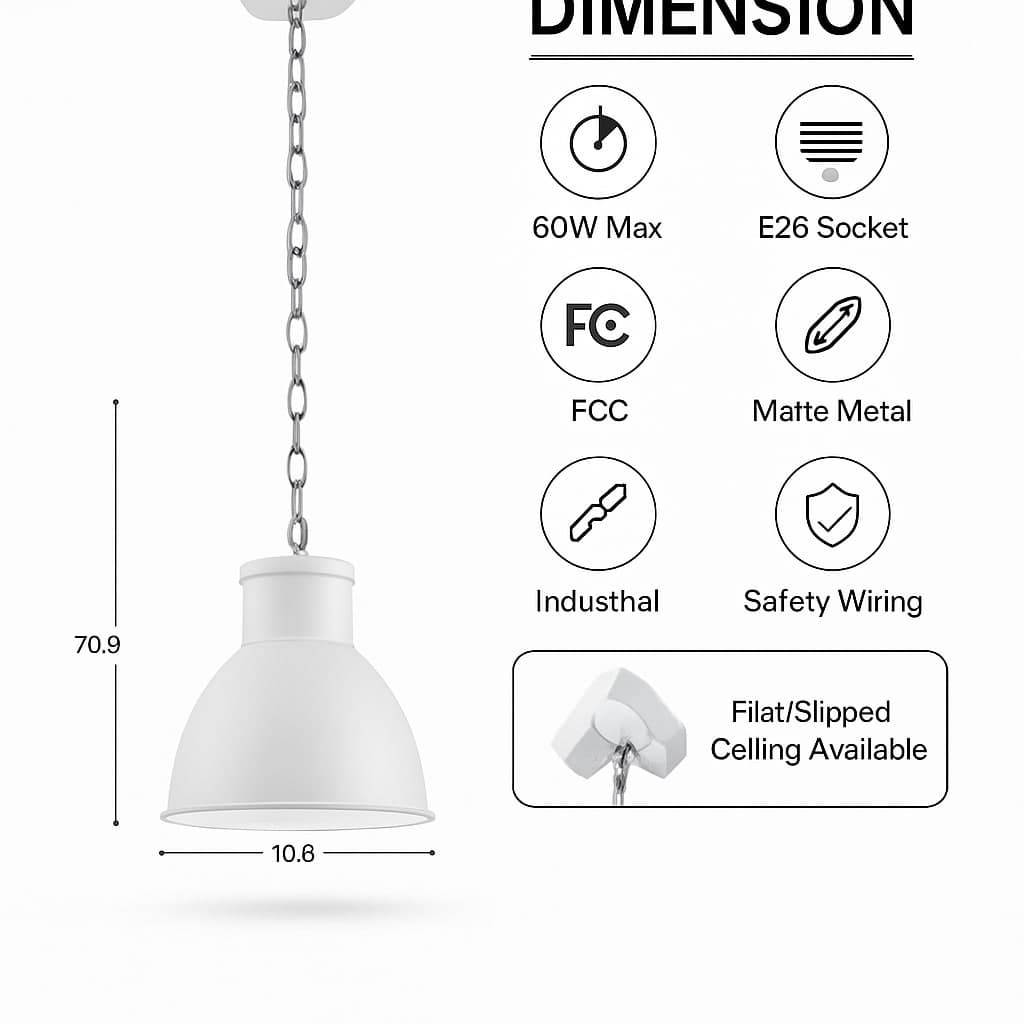 BoostArea White Pendant Light - 10.6" Large Metal Shade