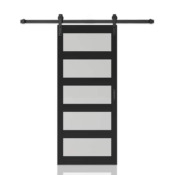 42 in. x 84 in. 5-Lite Tempered Frosted Glass Black MDF Assembly Required Interior Sliding Barn Door