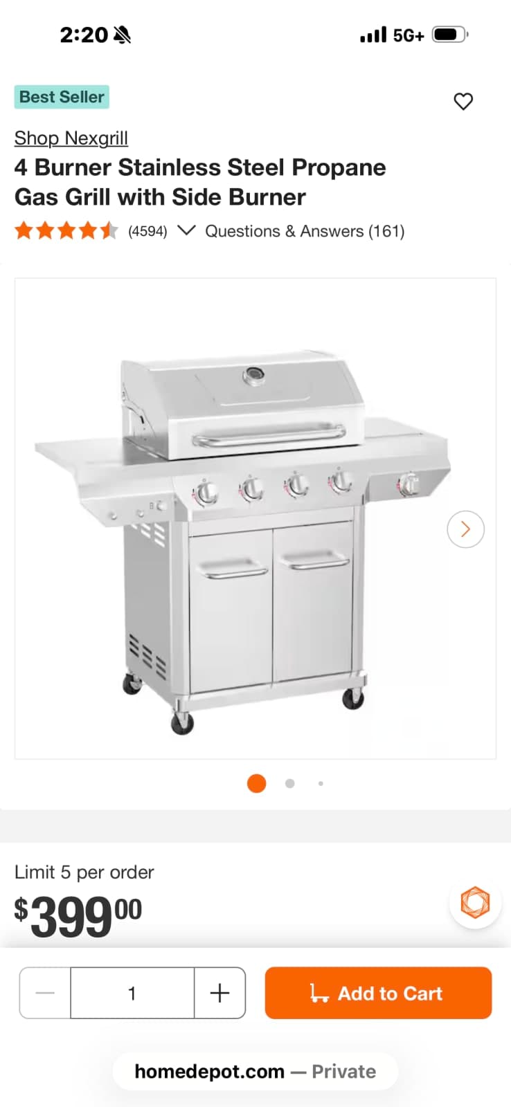 Nexgrill 4 Burner Stainless Steel Propane Gas Grill with Side Burner