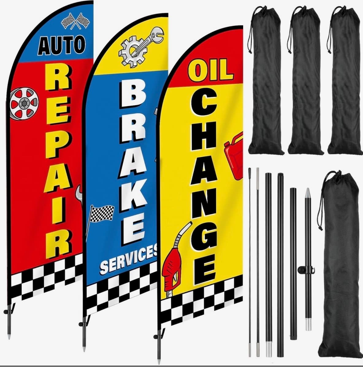 3 Pack Auto Repair Shop Feather Flag Automotive Service Brake Swooper Flag Oil Change Advertising Banner Sign With Pole For Business Mechani
