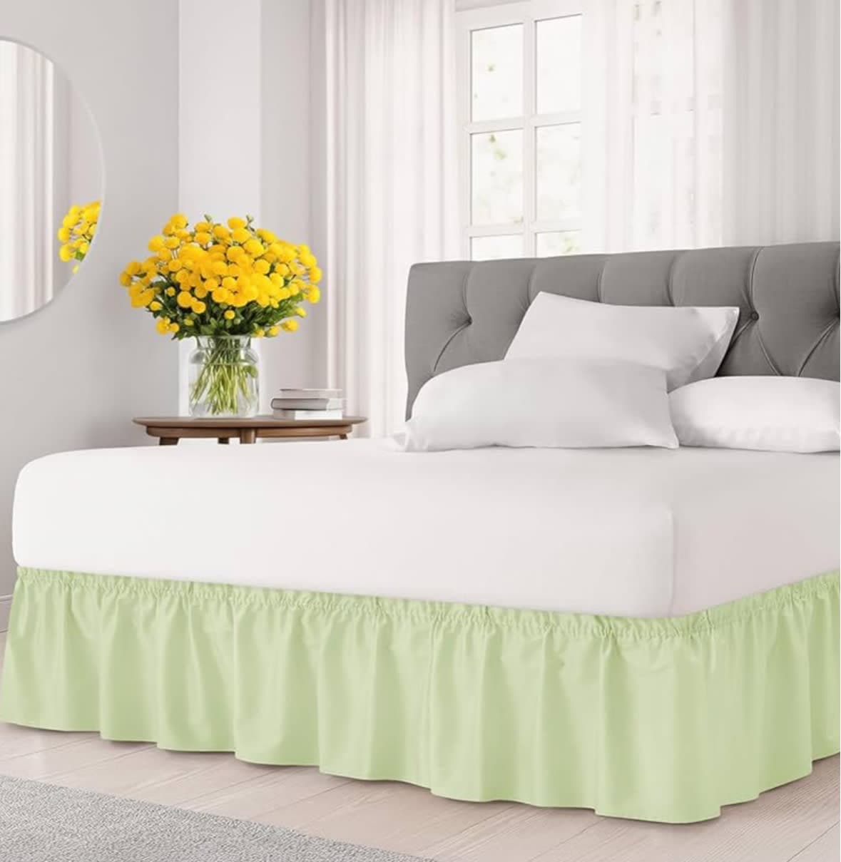 Wrap Around Dust Ruffle Bed Skirt - Light Sage - for Queen Size Beds w/ 12 Inch Drop - Easy Fit Elastic Strap - Adjustable Pleated Bedskirt