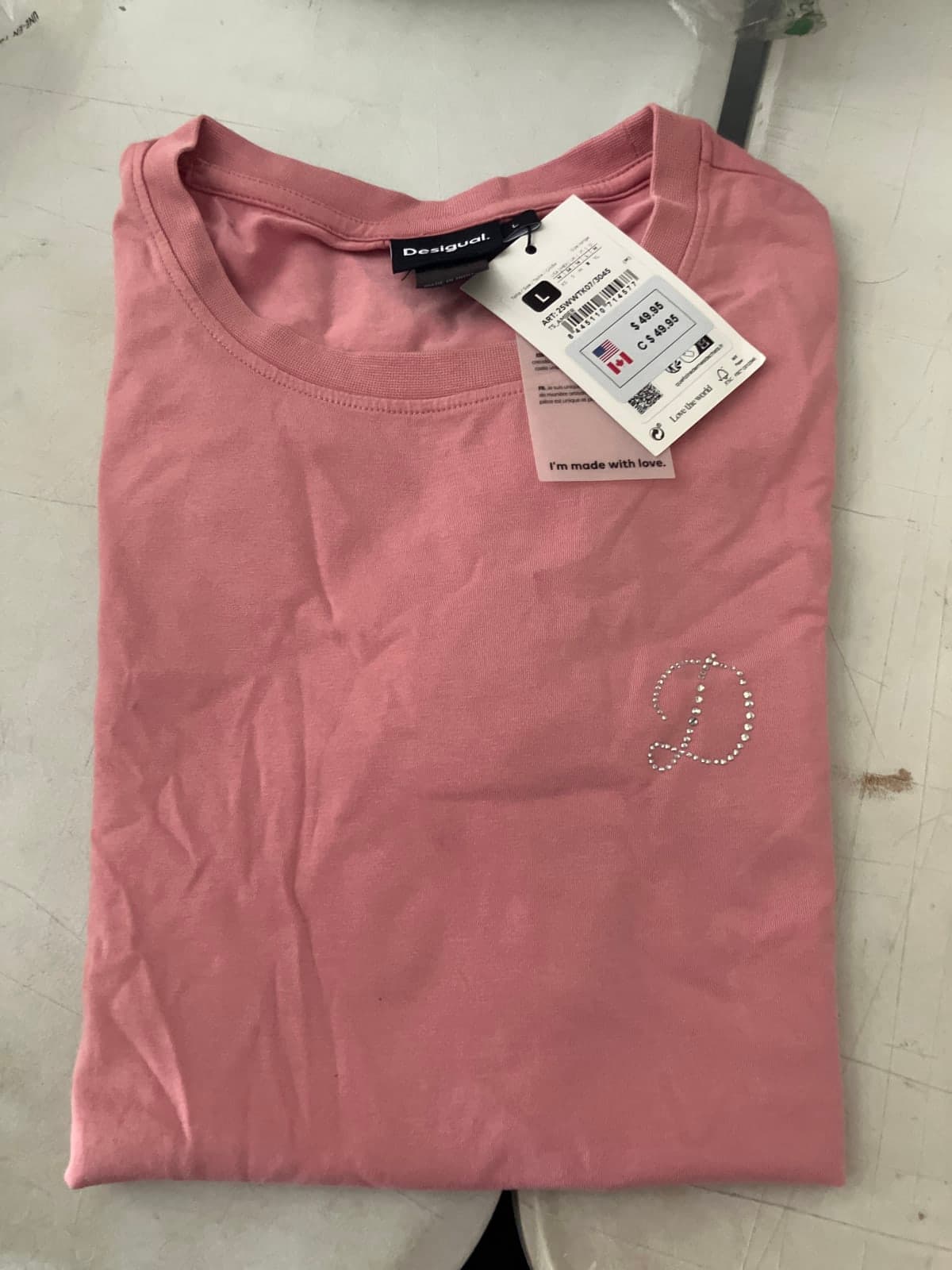 Desigual Women's Pink T-Shirt with Rhinestone Detail - Size L