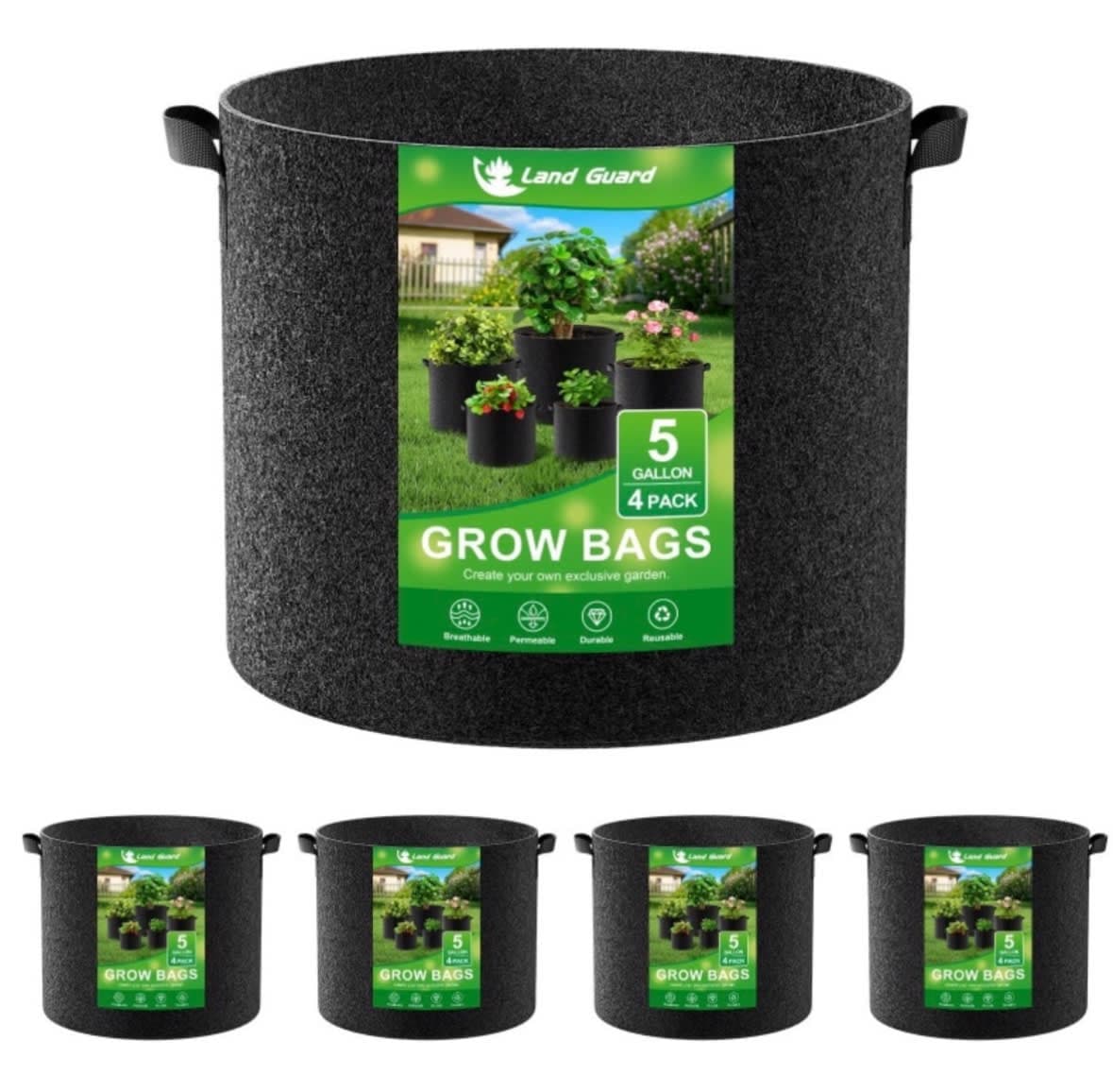 Land Guard 4-Pack Fabric Grow Bags 5 Gallon, Thickened Nonwoven Garden Pots, Growing Bags with Handles, Black