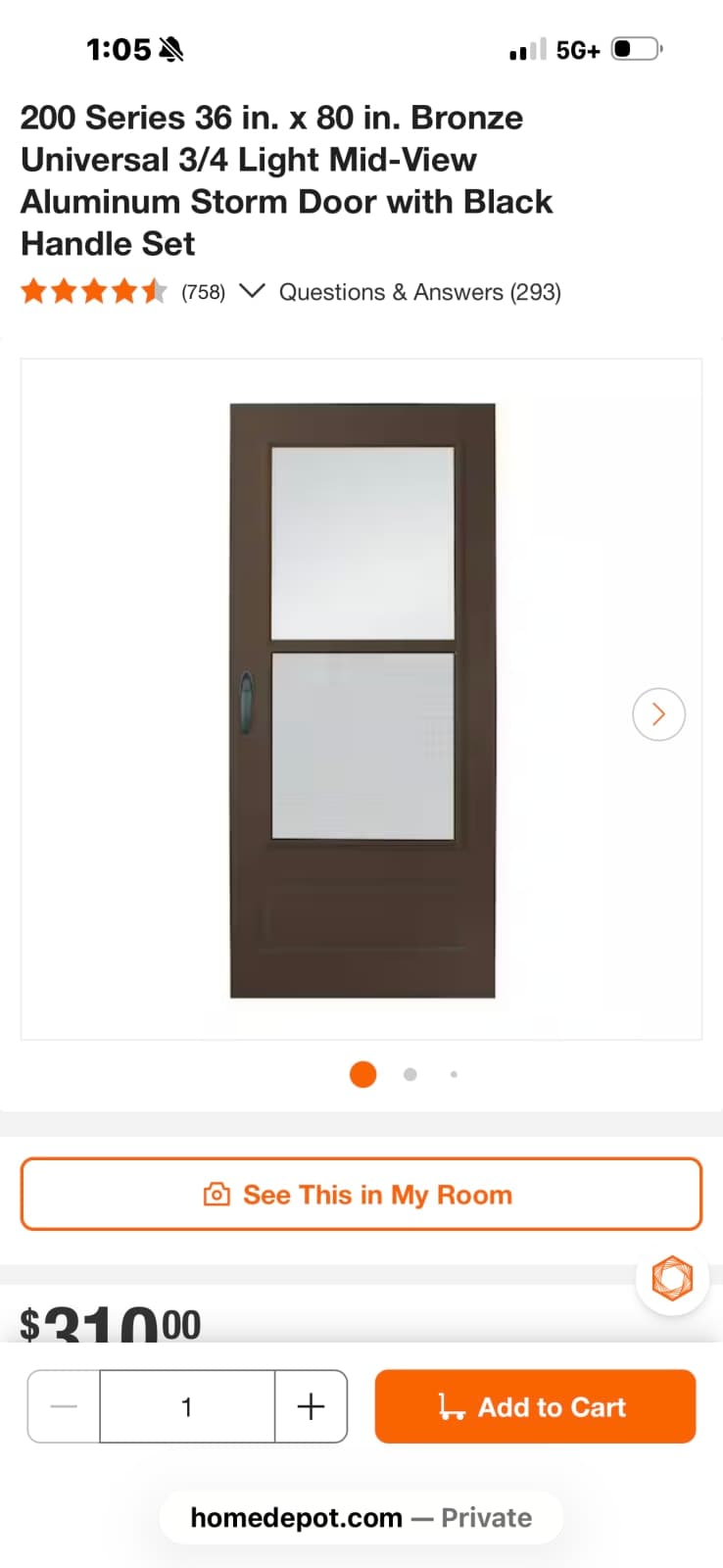 Andersen 200 Series 36 in. x 80 in. Bronze Aluminum Storm Door